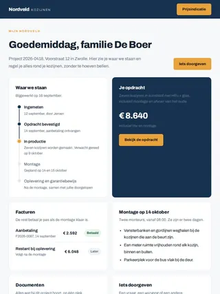 Voorbeeld van een klantportaal met projecten, facturen en wijzigingsverzoeken, op een tablet
