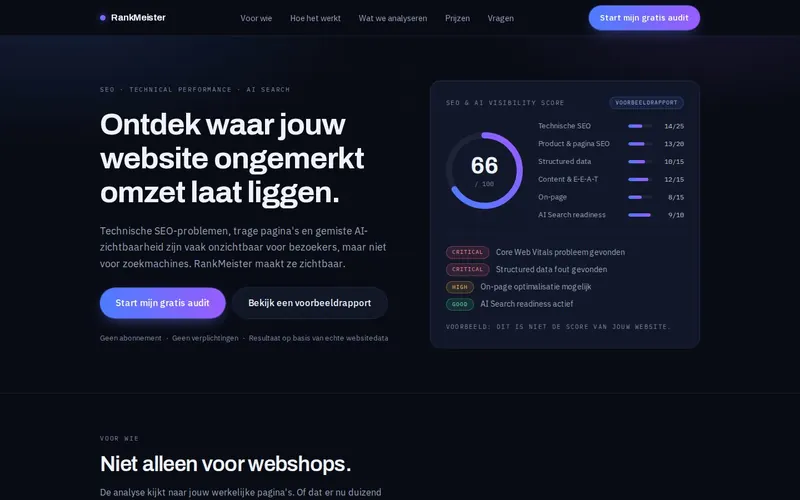 De website van RankMeister, getoond op een breed scherm